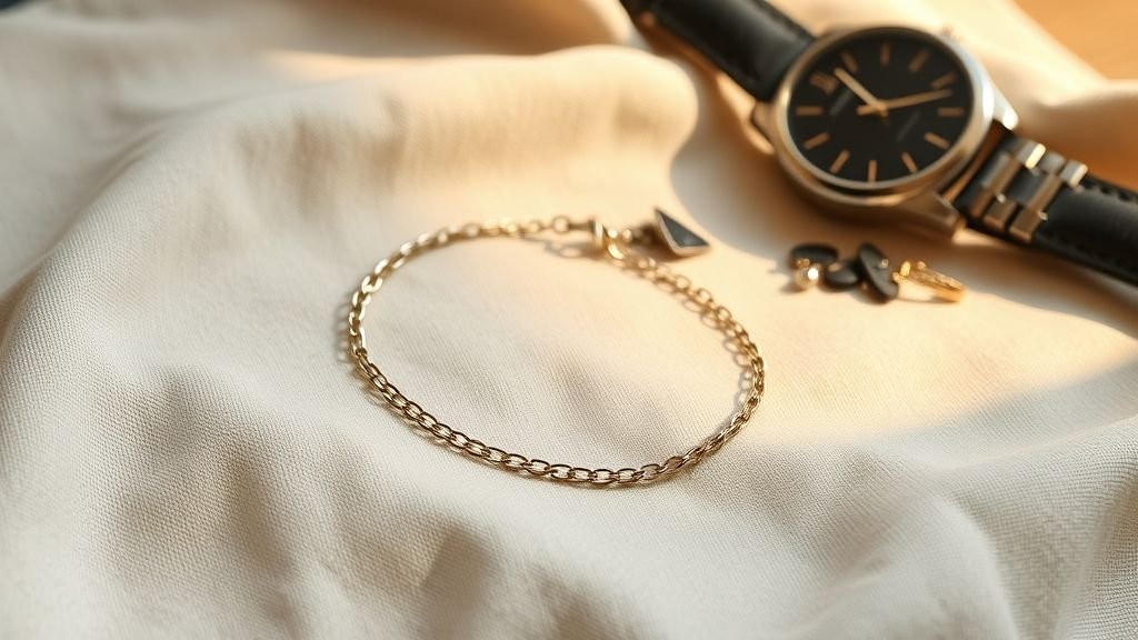 Assortment of gold bangles, cuffs, and chain bracelets laid out on a marble surface.