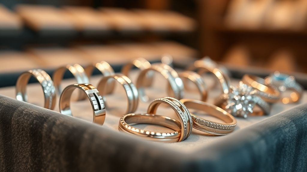 Stackable gold rings and a statement ring with a gemstone displayed on a jewelry tray.