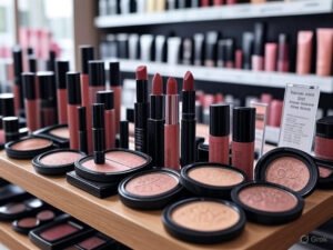 A display of various drugstore makeup products, including lipsticks, blushes, and foundations, arranged on a wooden shelf, showcasing affordable dupes that mimic high-end cosmetics.